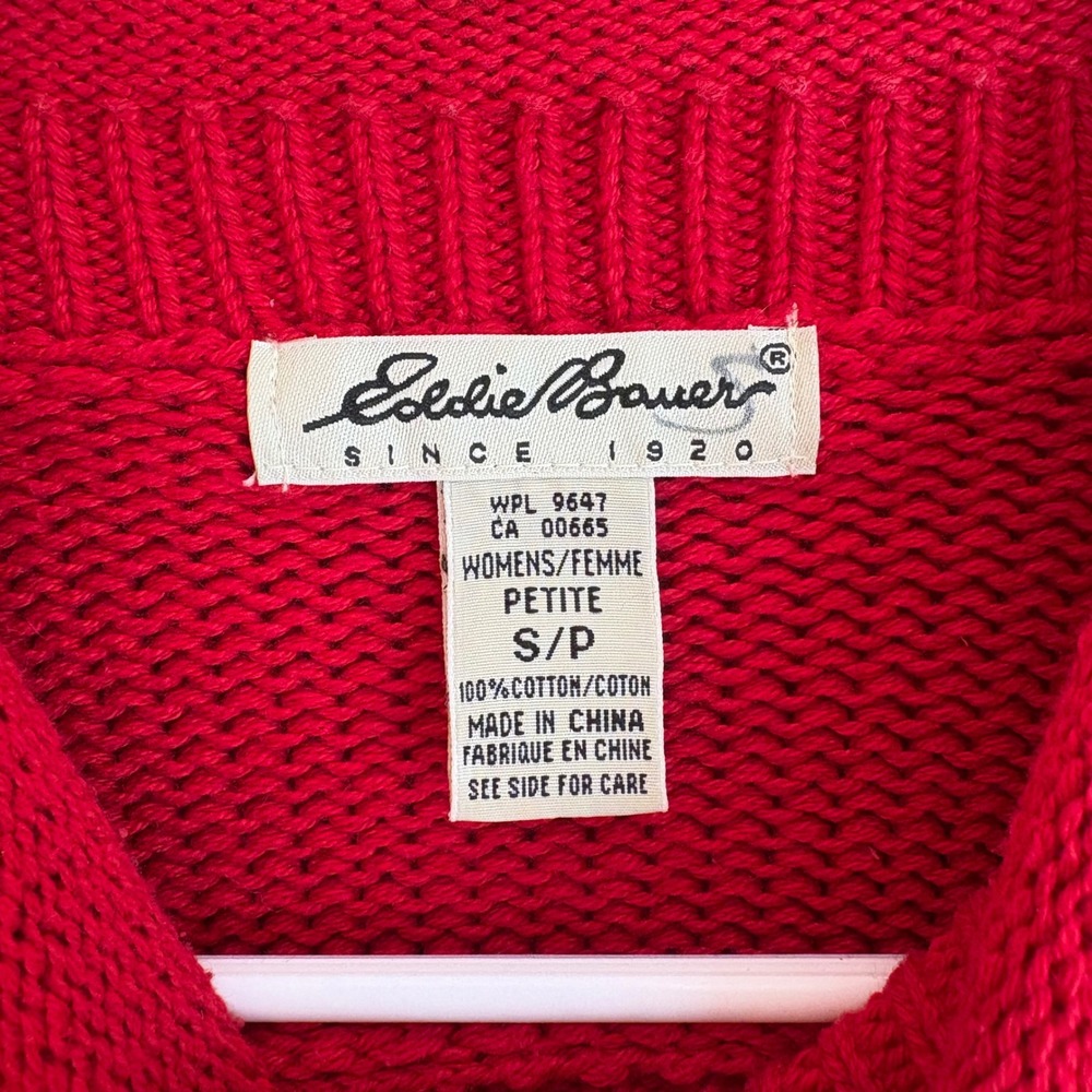 Eddie‎ Bauer Womens Petite Fair Isle Sweater Red Cream Mock Neck Cotton S - Picture 2 of 5
